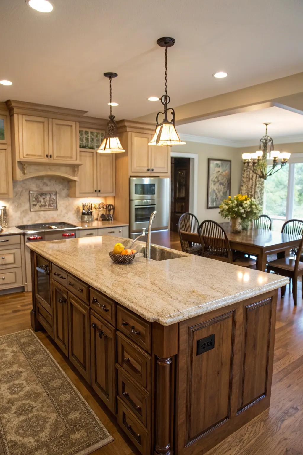 Island worktops function as central gathering spots within the kitchen.