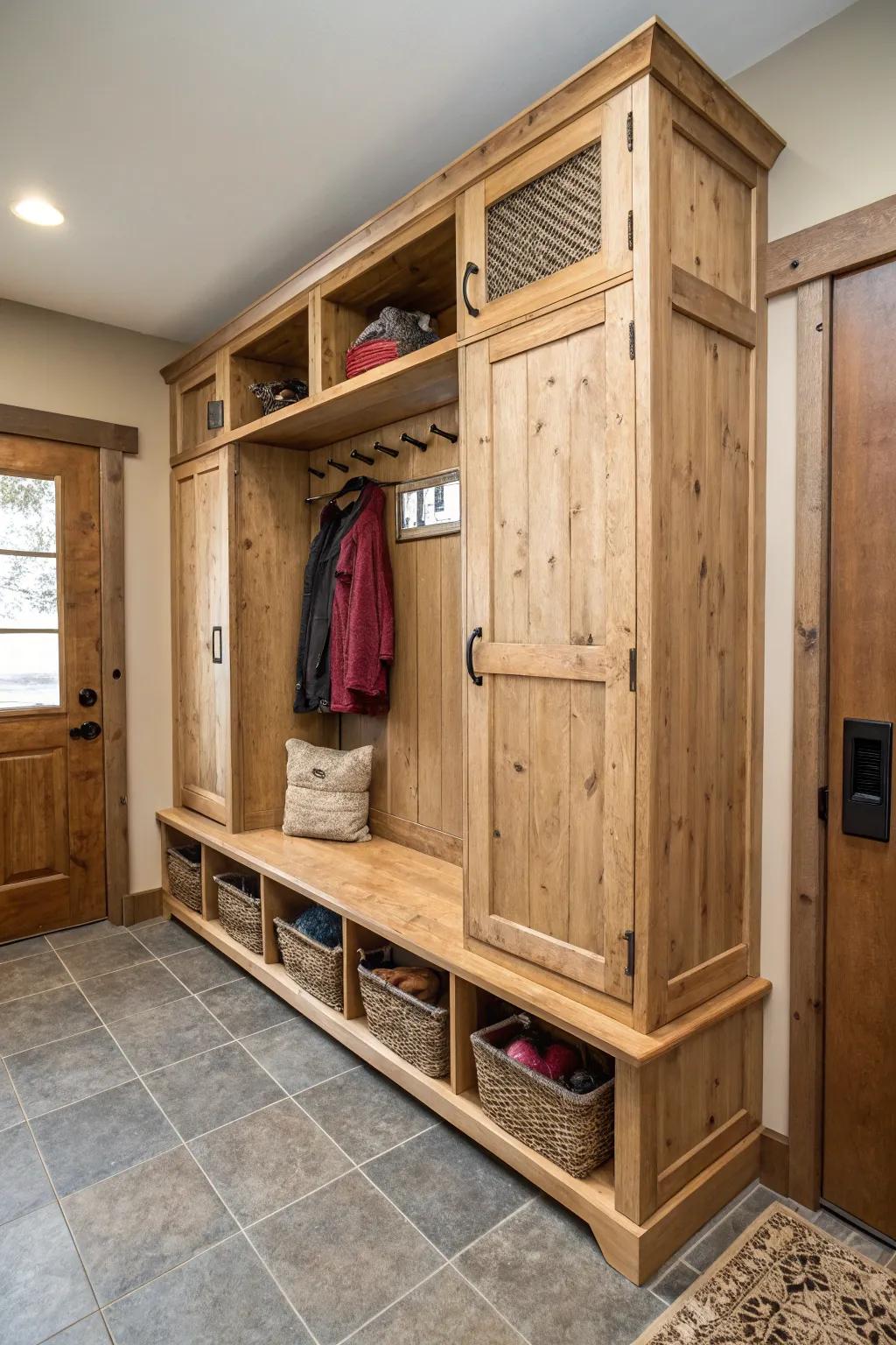 A sleek mudroom seating with gliding panels for hidden storage.