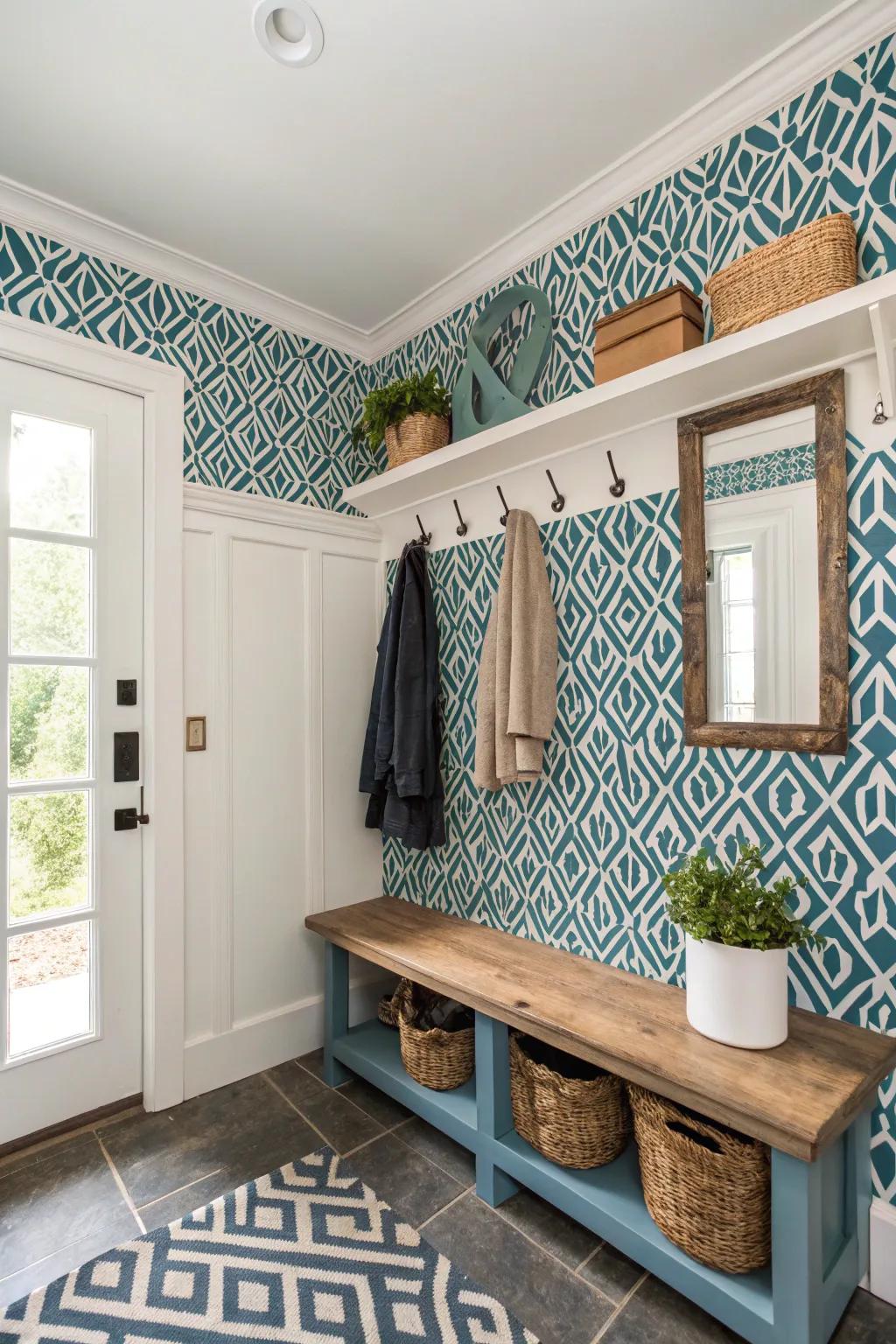 Mudroom featuring boldly patterned wall covering for added visual interest and style.