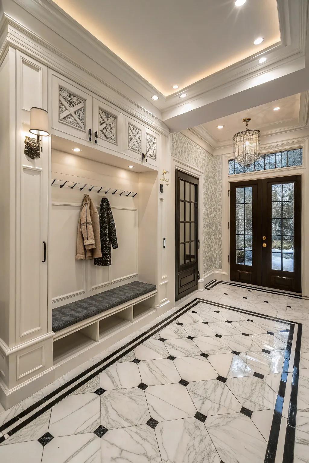Monochrome marble tiles exude timeless elegance.
