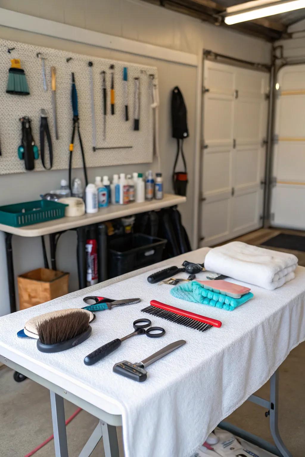 A pet pampering spot set up in a garage.