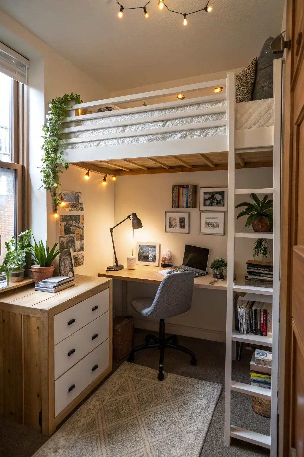 A loft bed maximizes space with a functional area underneath in a narrow bedroom.