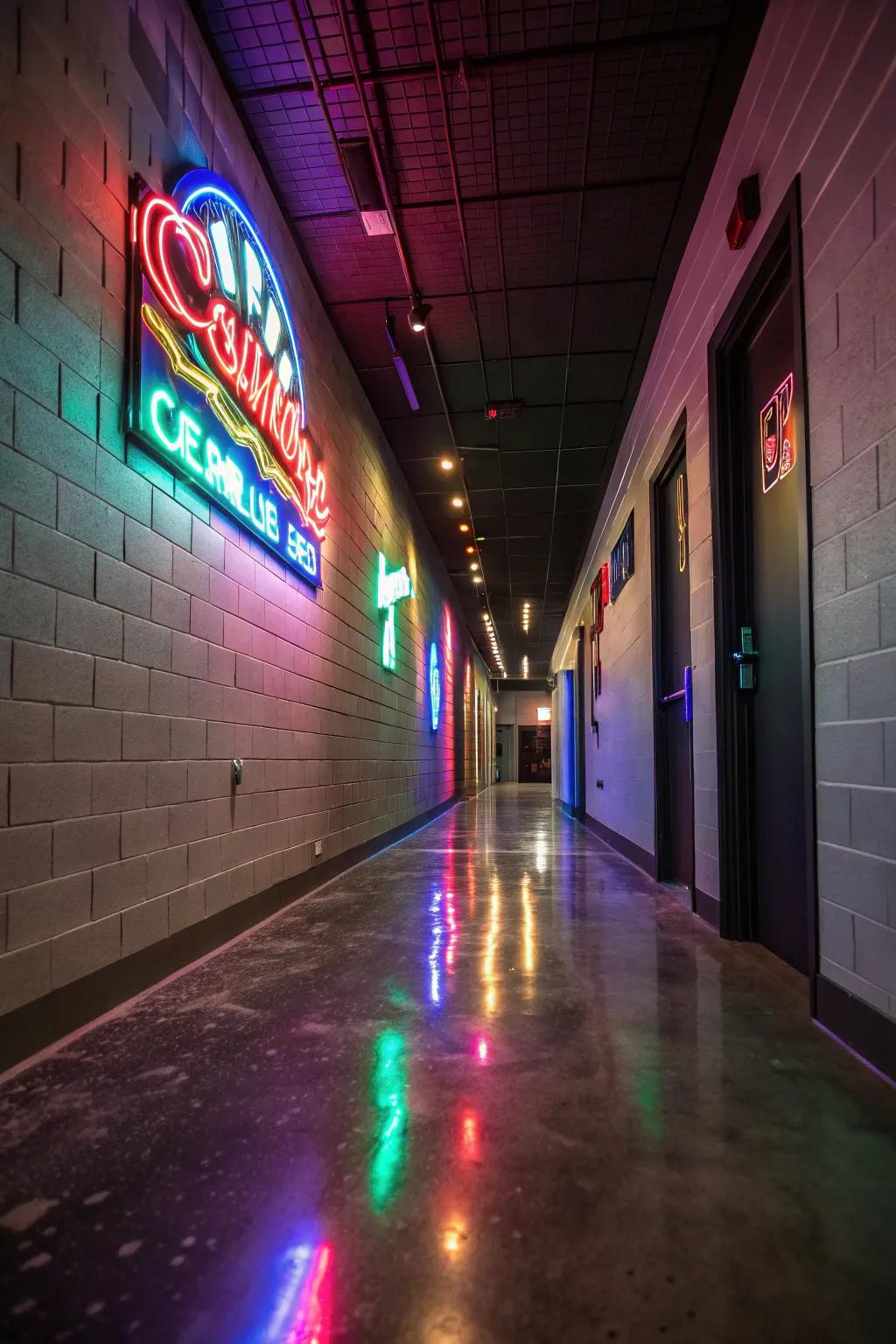Neon lights add a unique personality to narrow hallways.