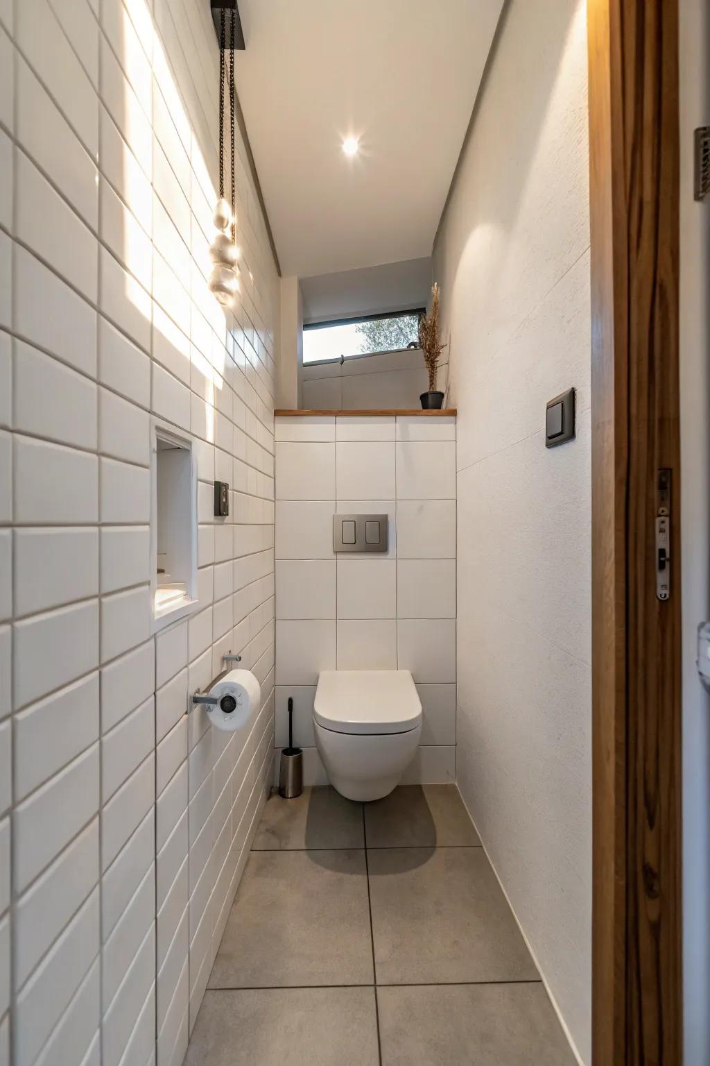 Wall-mounted toilets add elegance and space-saving design elements.