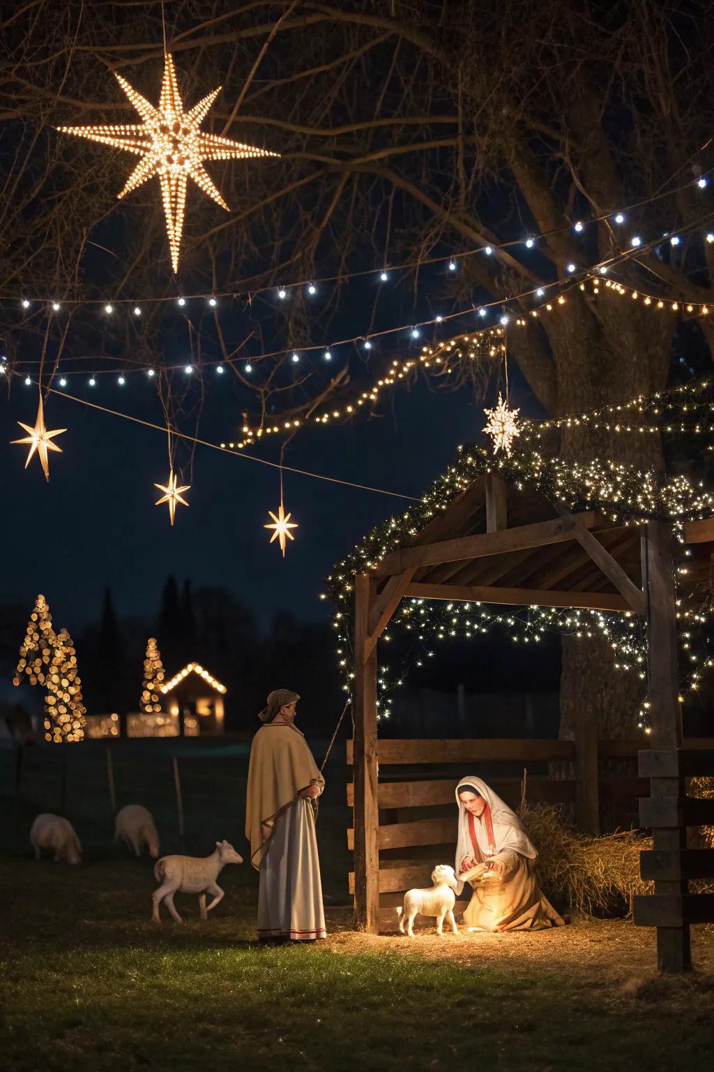 Twinkling lights fashion a starry expanse above the nativity scene.