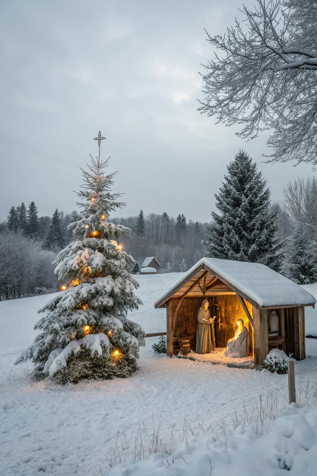 A snowy landscape backdrop creates a serene winter wonderland.
