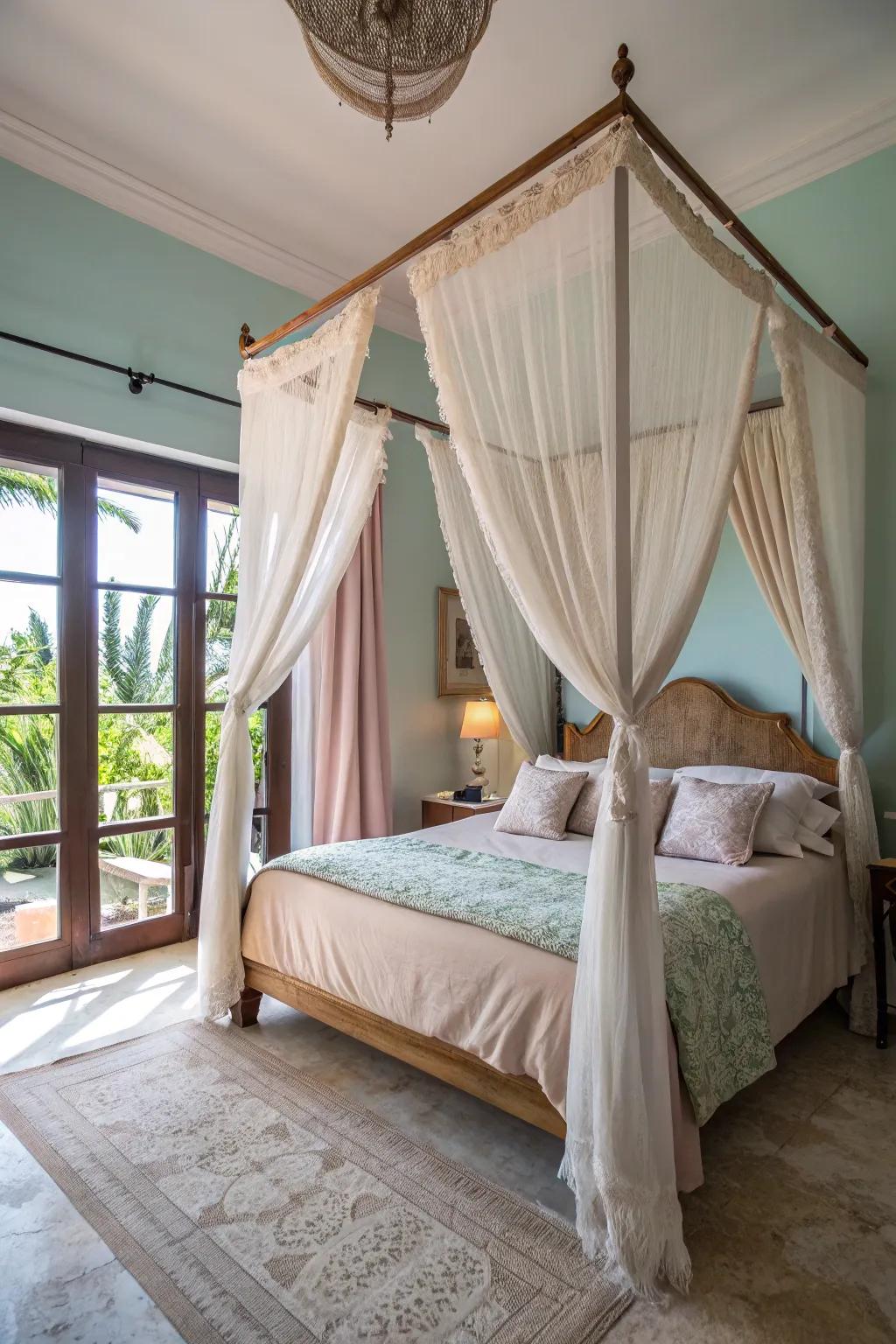 A canopy bed offers an intimate, enclosed atmosphere reminiscent of a forest hideaway.