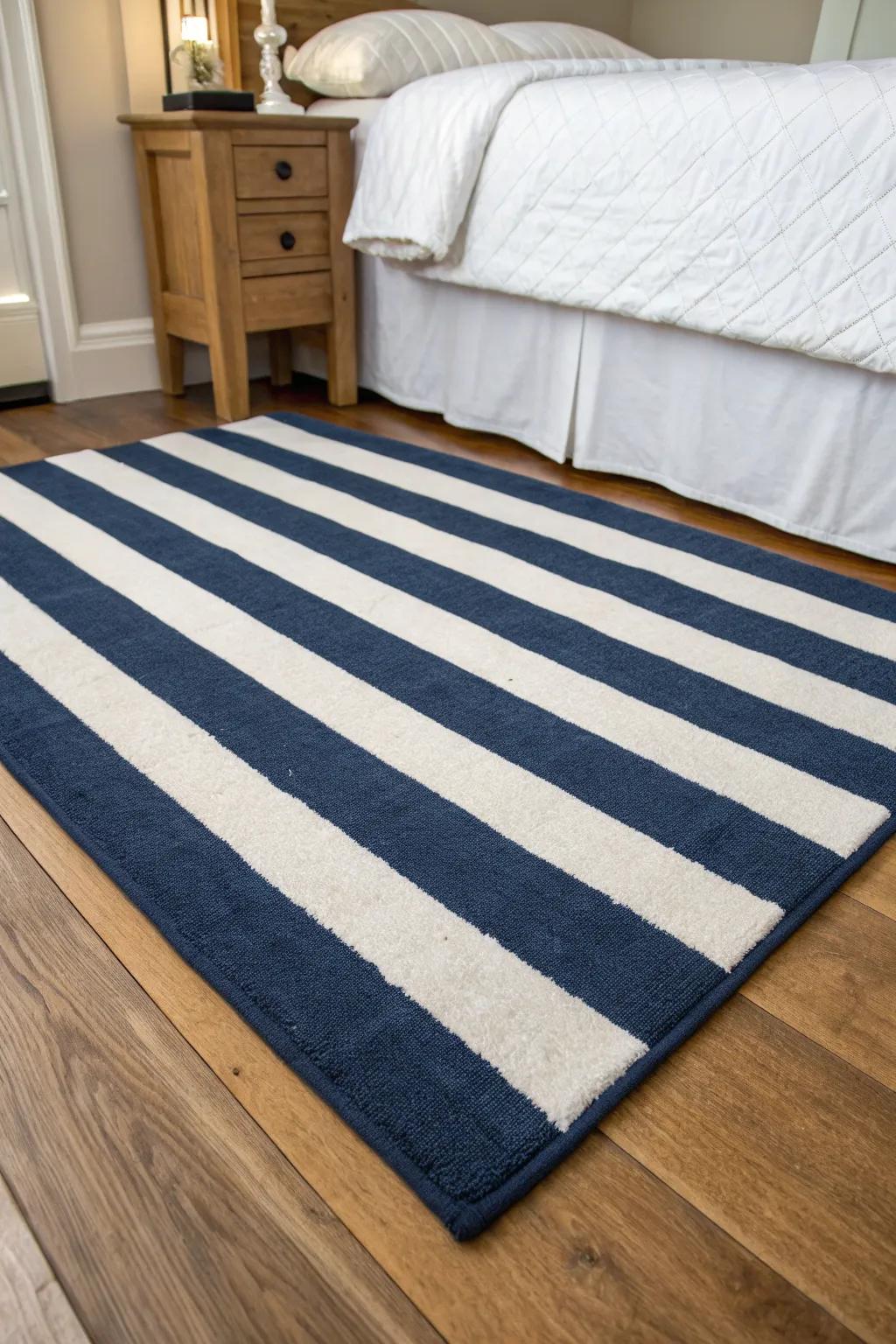 A striped rug anchors the nautical theme.