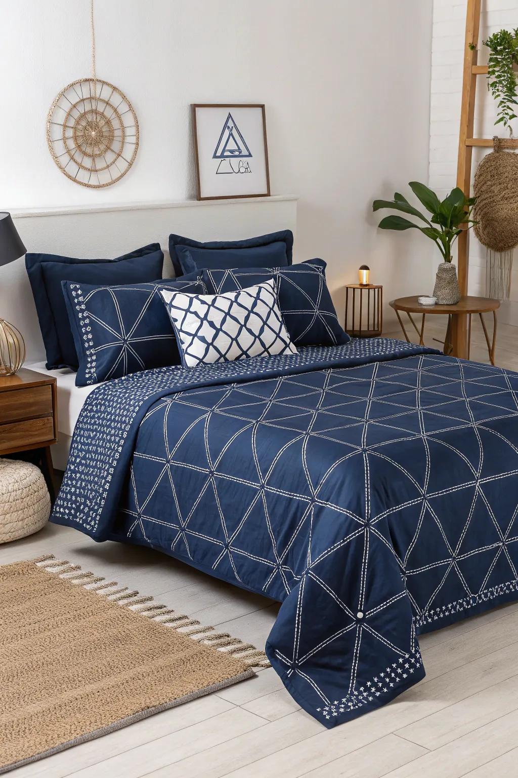 Add a modern twist with navy bedding featuring geometric patterns.