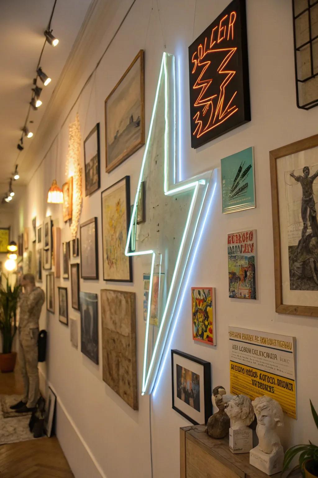 A neon lightning bolt design adds an electrifying vibe to a wall display.