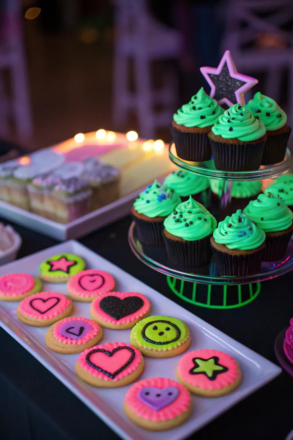 Light-emitting mini cakes and biscuits on a neon-themed sweet treat table, delighting celebration attendees.