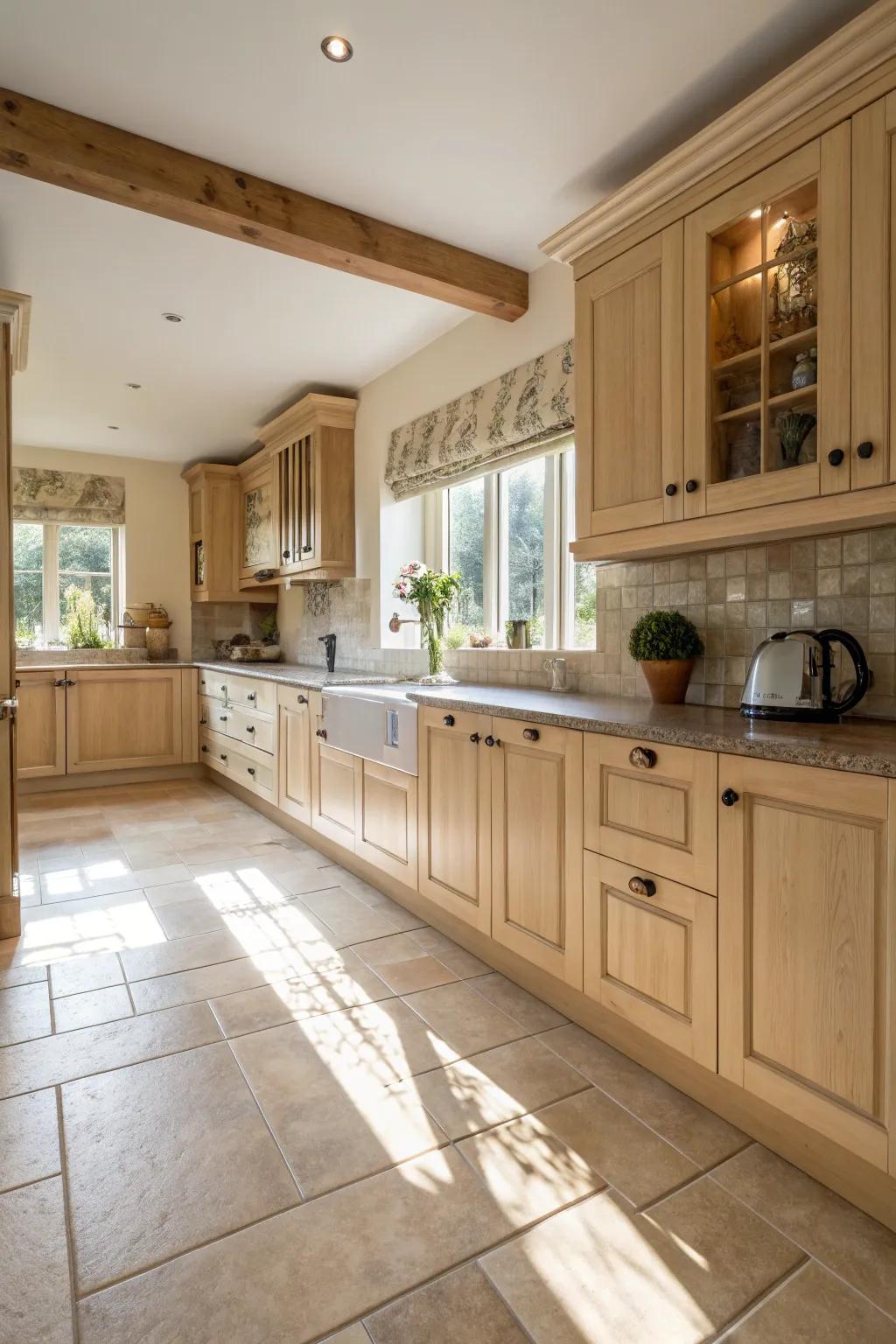 Timber and tile flooring adds texture to the kitchen's neutral palette.