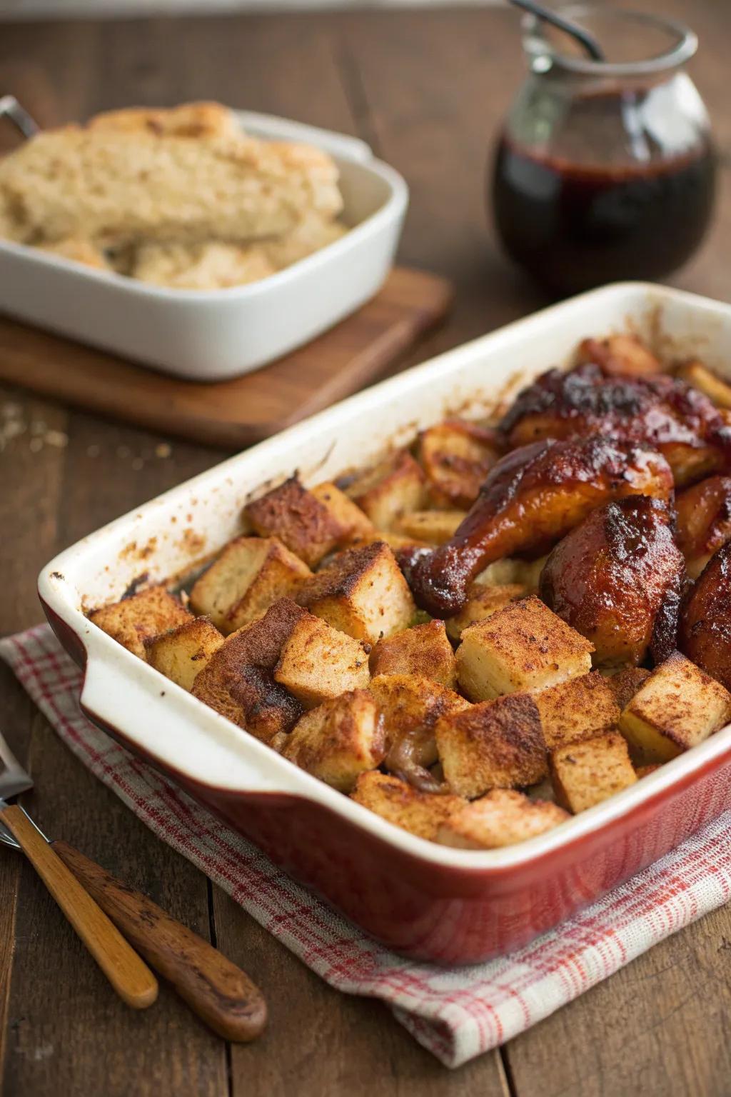 A unique smoked bird & fruit pudding, providing a delightful spin on classic comfort food.