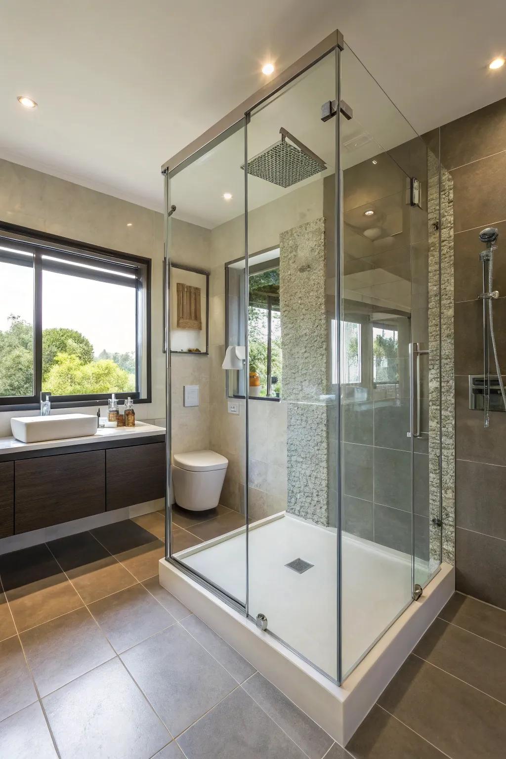 A sleek glass shower box in a modern bathroom.