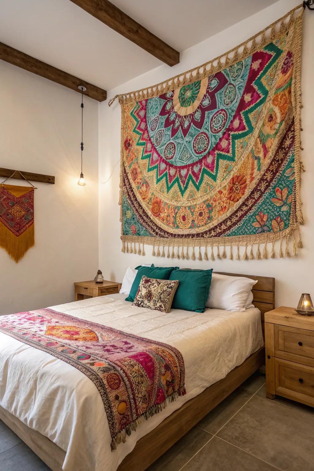A tapestry enlivens the bedroom wall with vibrant color and rich texture.