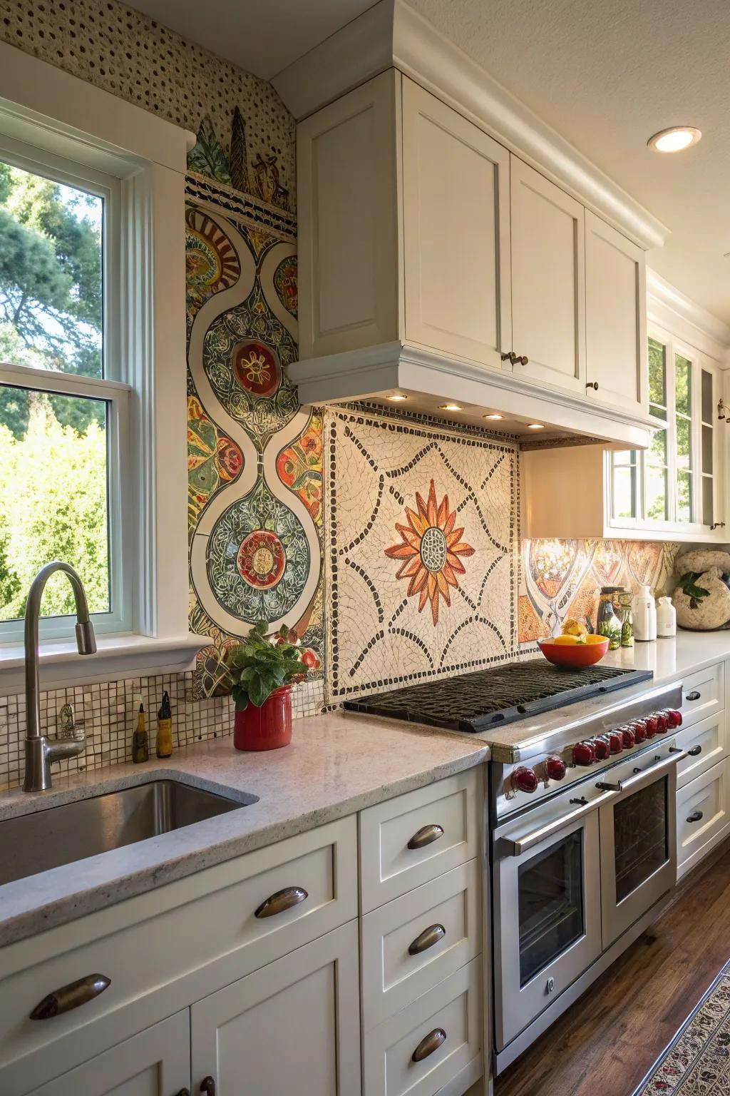 Coin dot backsplashes provide a playful and artistic accent to kitchens.