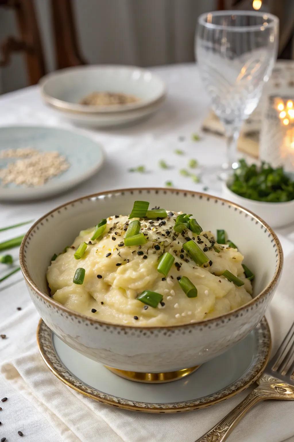 Toasted sesame mashed potatoes offer a uniquely intriguing flavor.