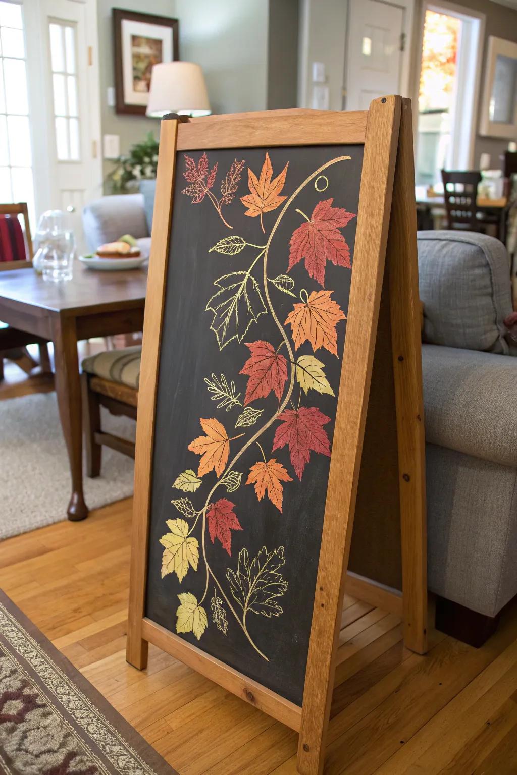A whirling leaves chalkboard creation that encapsulates the elegance of autumn inside.