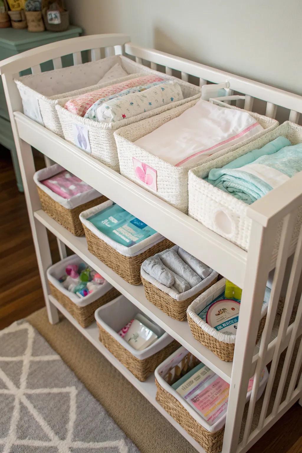 Under-crib stowage aids in maintaining the nursery nook's arrangement.