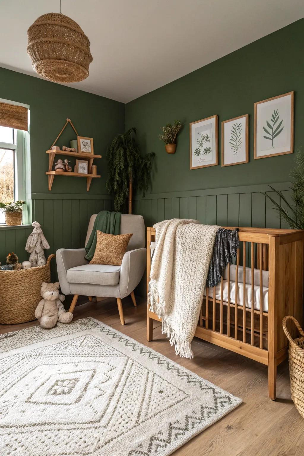 A nursery with profound evergreen shade walls for added character.