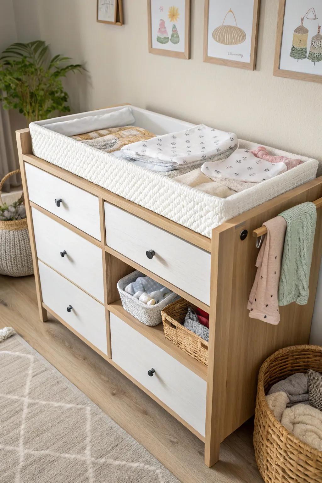 A multi-use dresser saves space and maintains organized changing essentials.