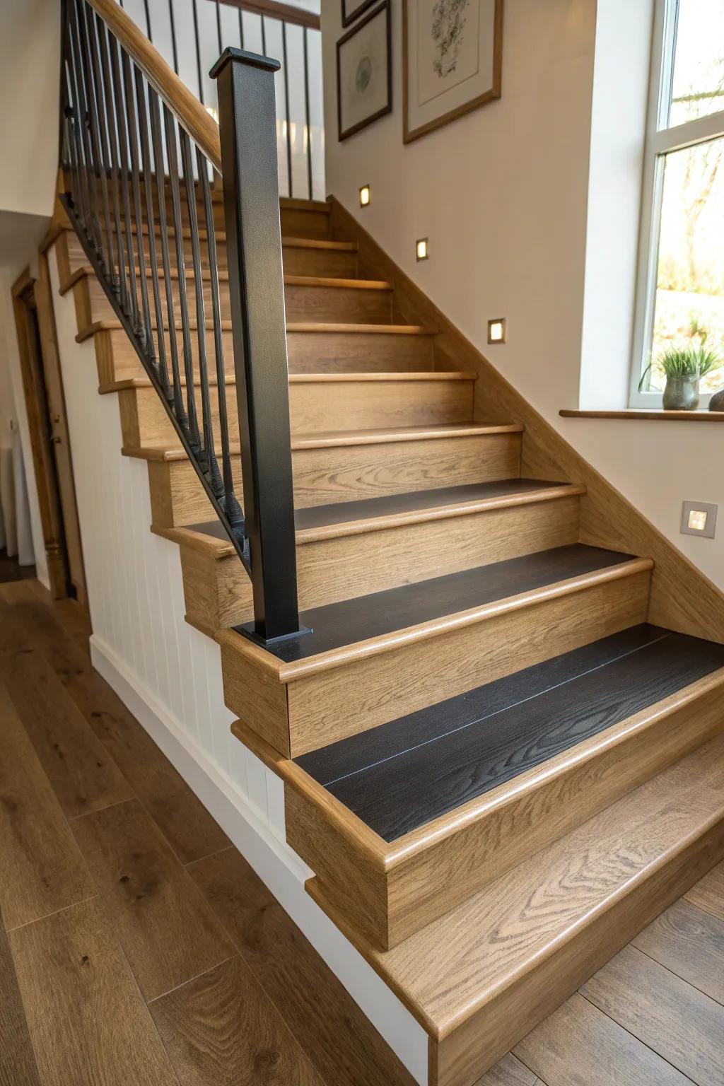 A prominent highlight step in an exquisitely crafted oak staircase.