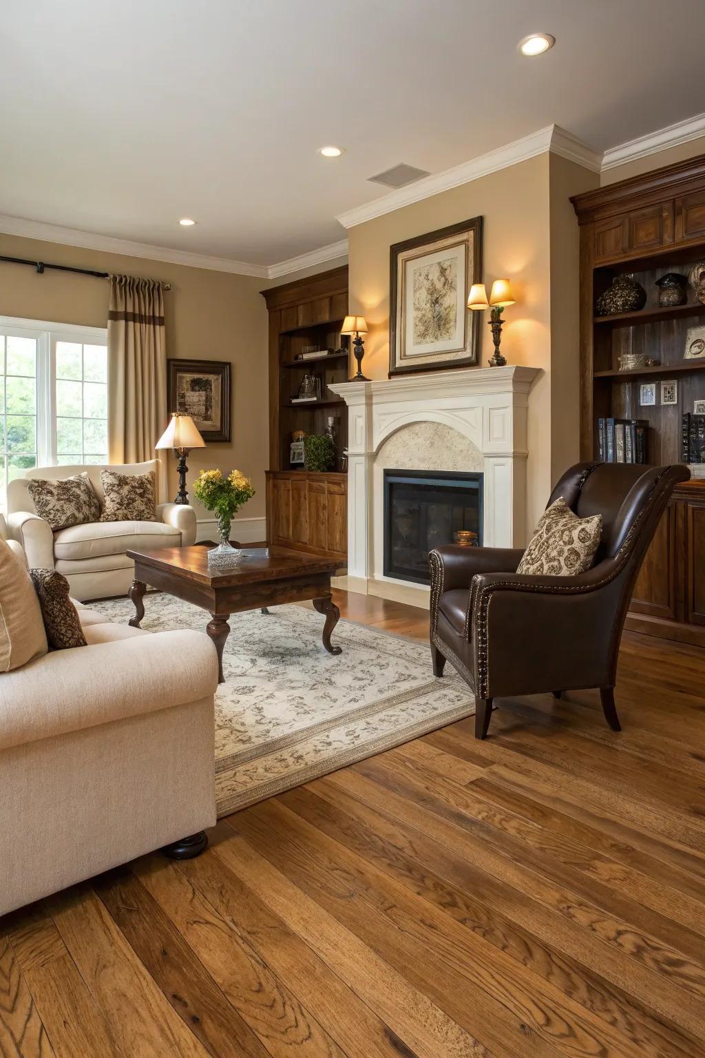A mix of styles crafts a unique space featuring oak flooring.