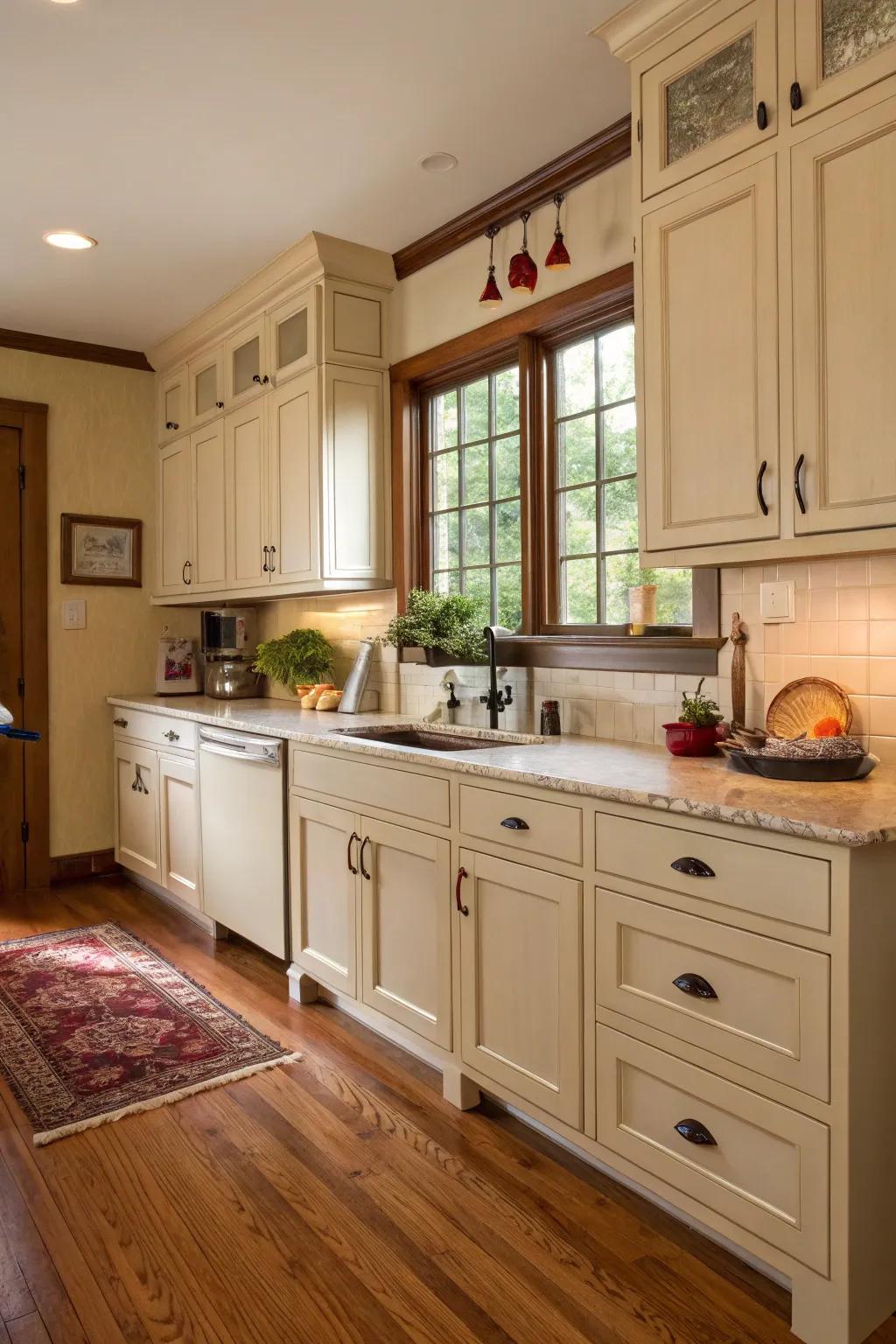 Wood floors boost the warmth of cream kitchens.