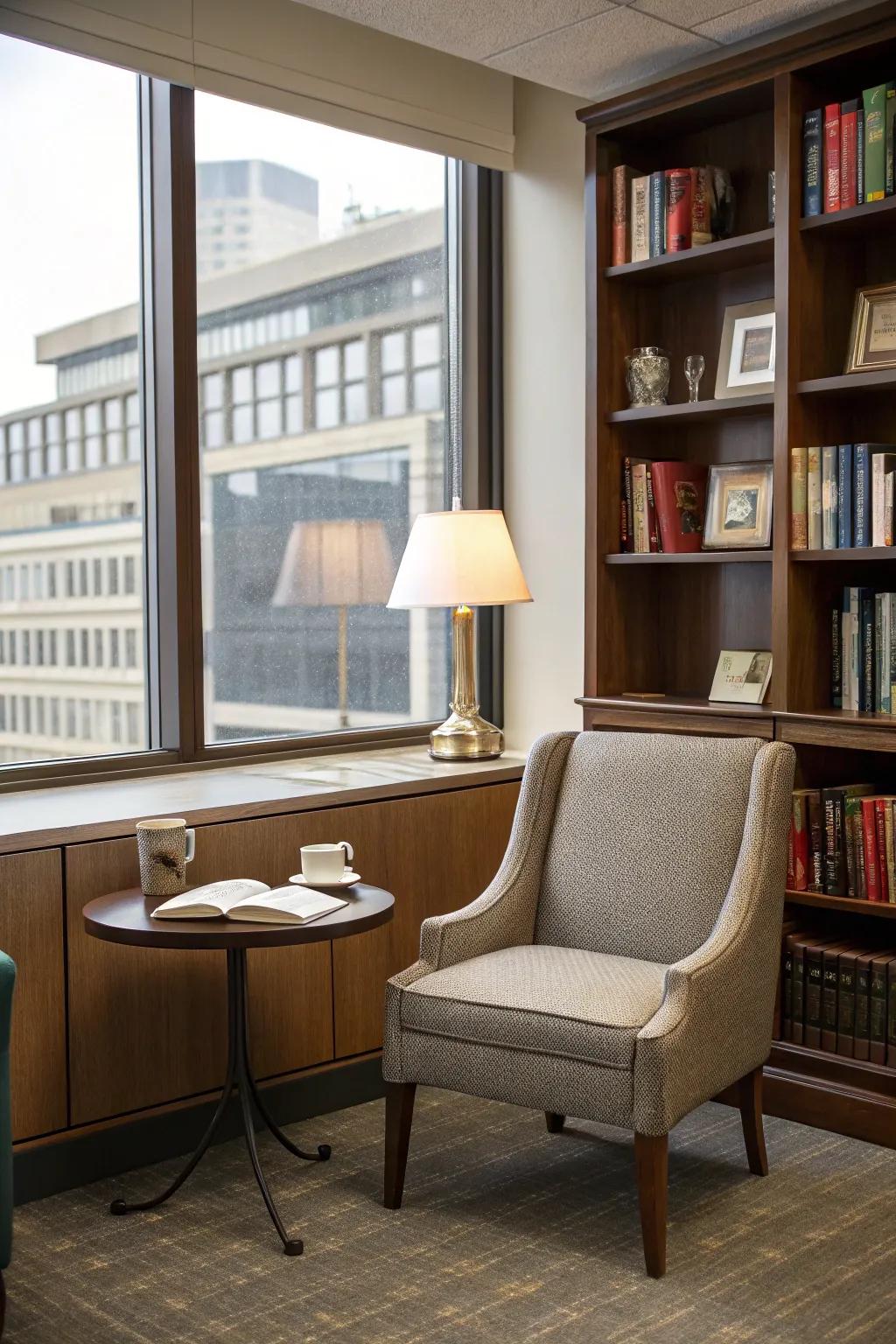 A small side table provides the perfect surface for books and drinks in this reading area.