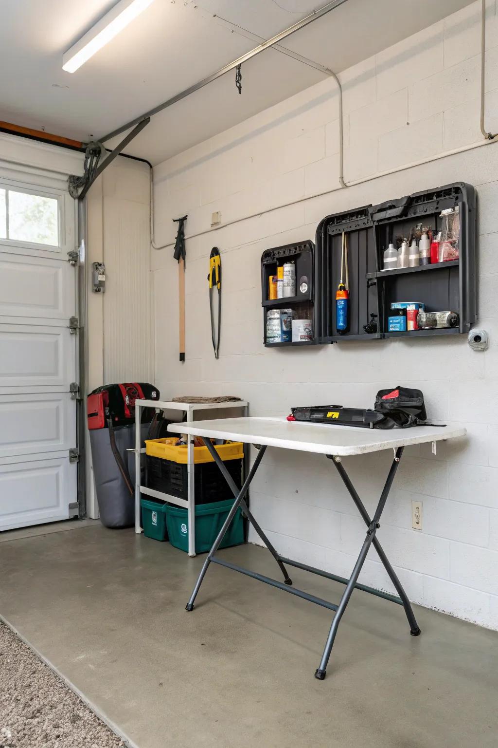 A folding table provides flexibility without using permanent space.