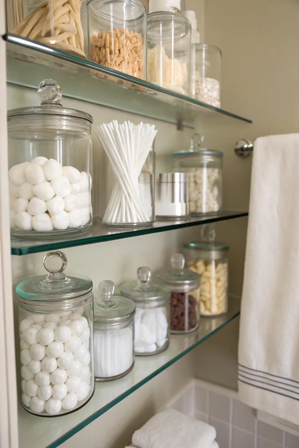 Crystal caches deliver chic storage for modest bathroom essentials.