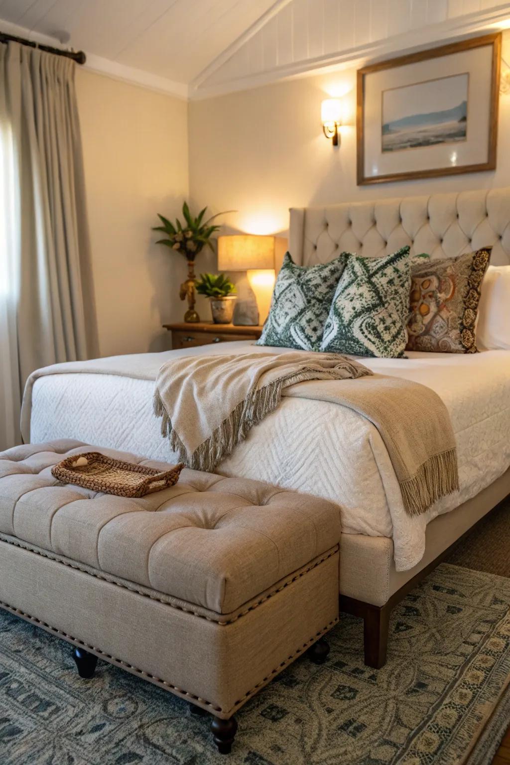 A bedroom ottoman enhancing elegance and functionality.