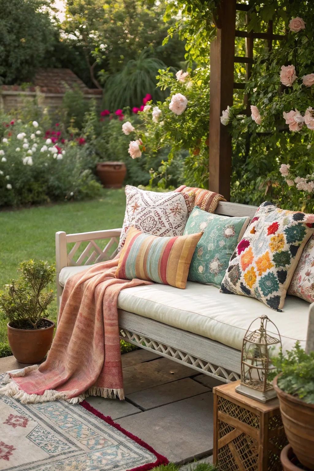 An outdoor bench styled like a cozy living room nook.