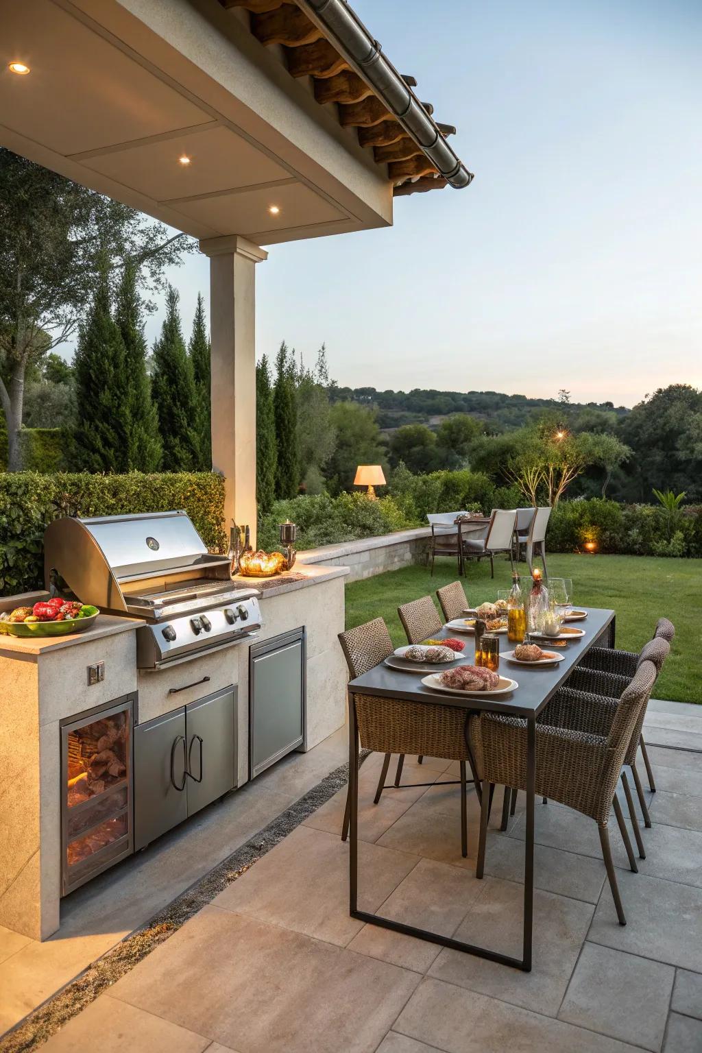 A well-equipped outdoor kitchen adjacent to a dining space.
