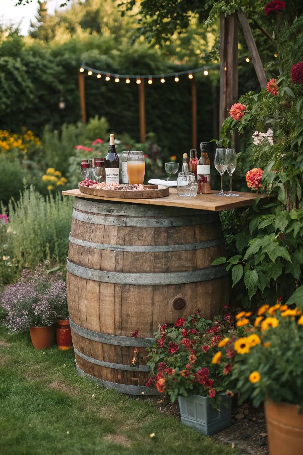 A fine drink container bar makes a rustic centerpiece.