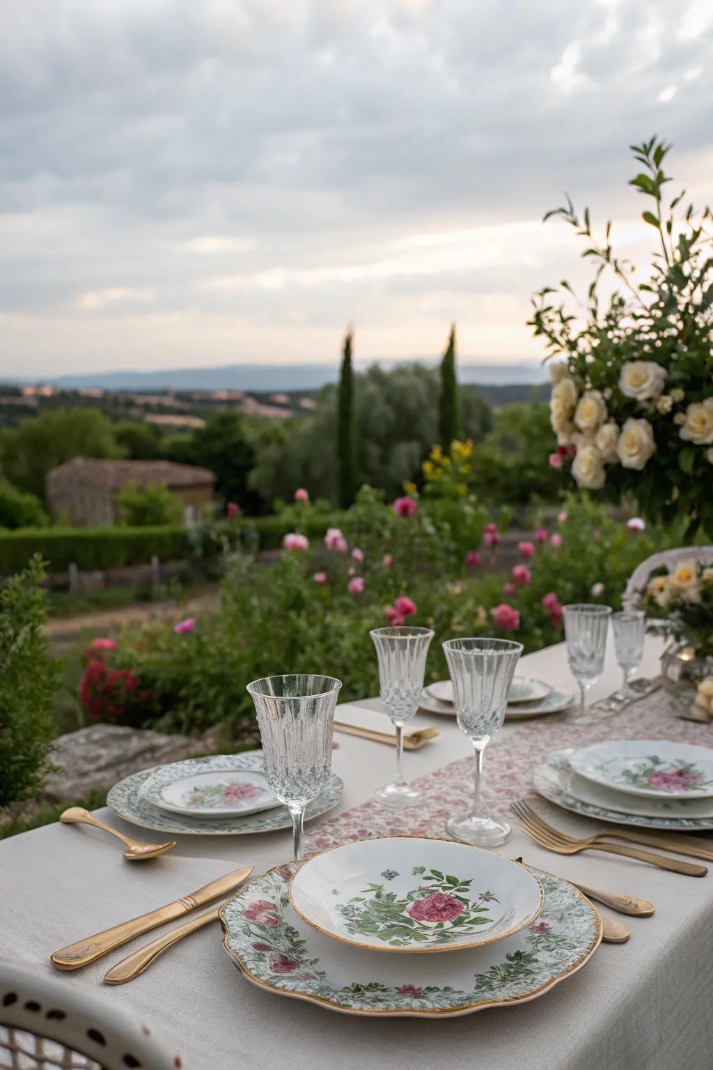 Open-air dining beneath the sky with elegant tableware.