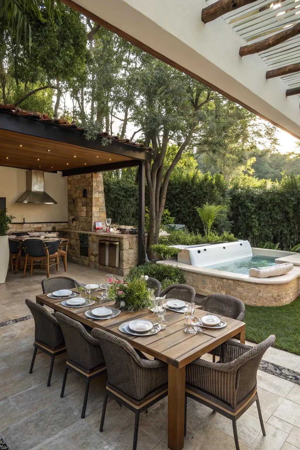 A dedicated dining area transforms outdoor meals into a delightful experience.