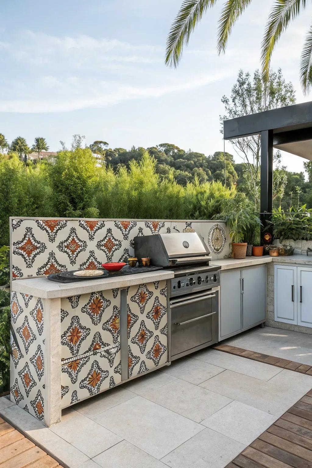 Patterned cement tiles bring bold and unexpected style to outdoor kitchen spaces.