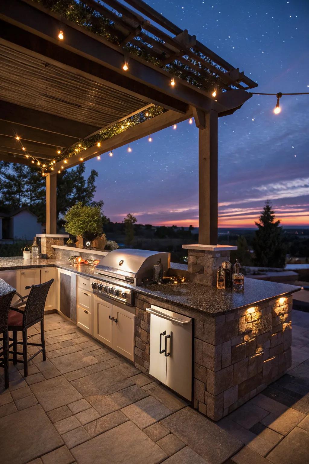 A beautifully lit outdoor cooking area that shines with ambient lighting at twilight.