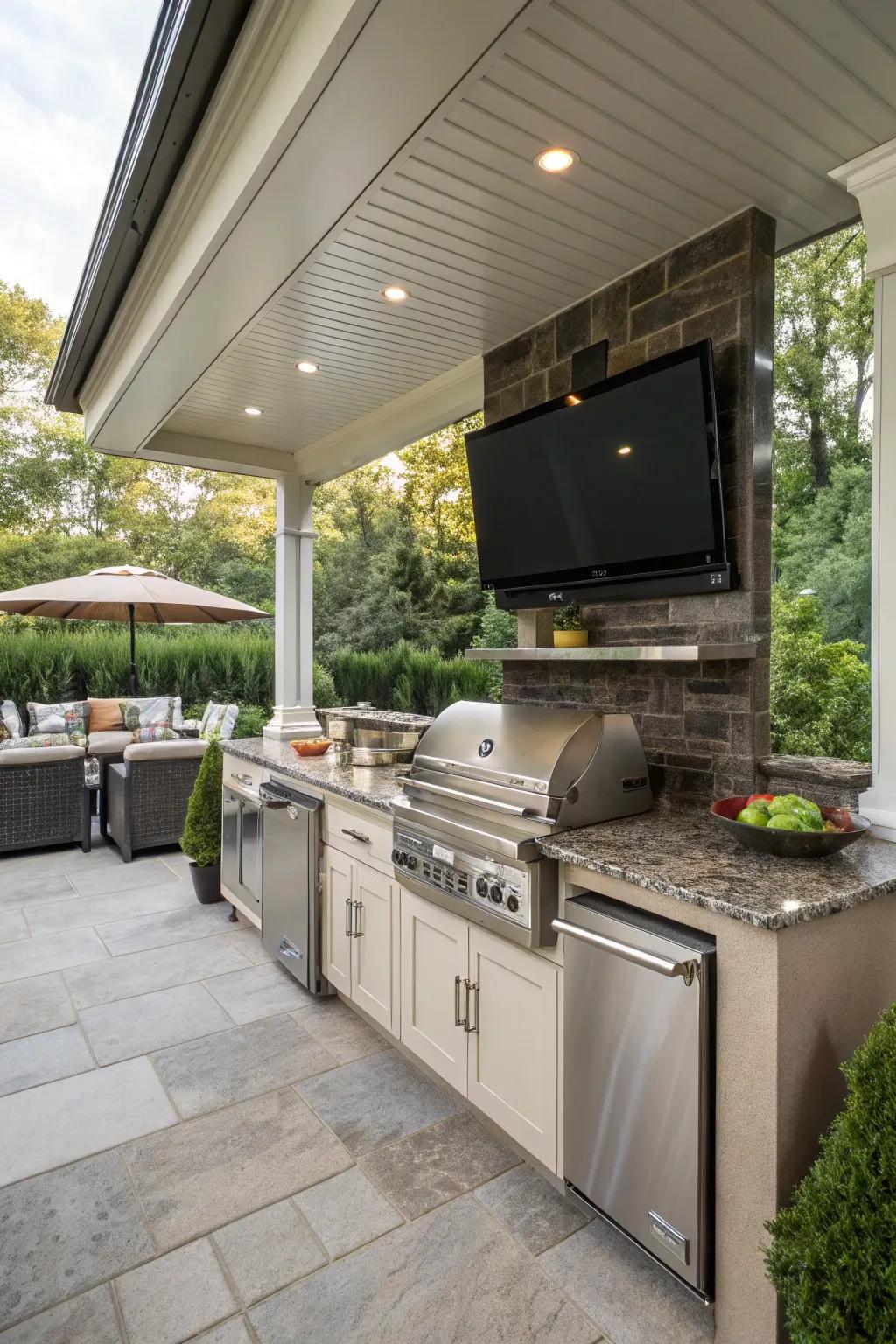 A hideaway TV provides versatility and protection, keeping your outdoor area versatile.