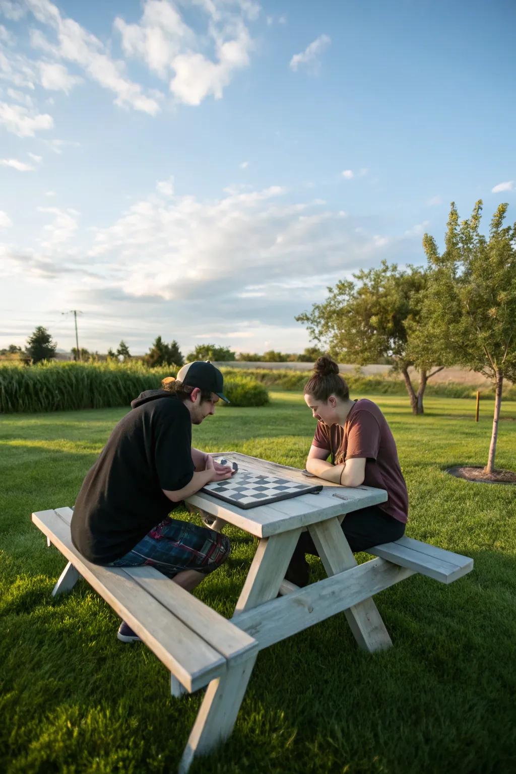 A game board table adds a playful element to outdoor dining.
