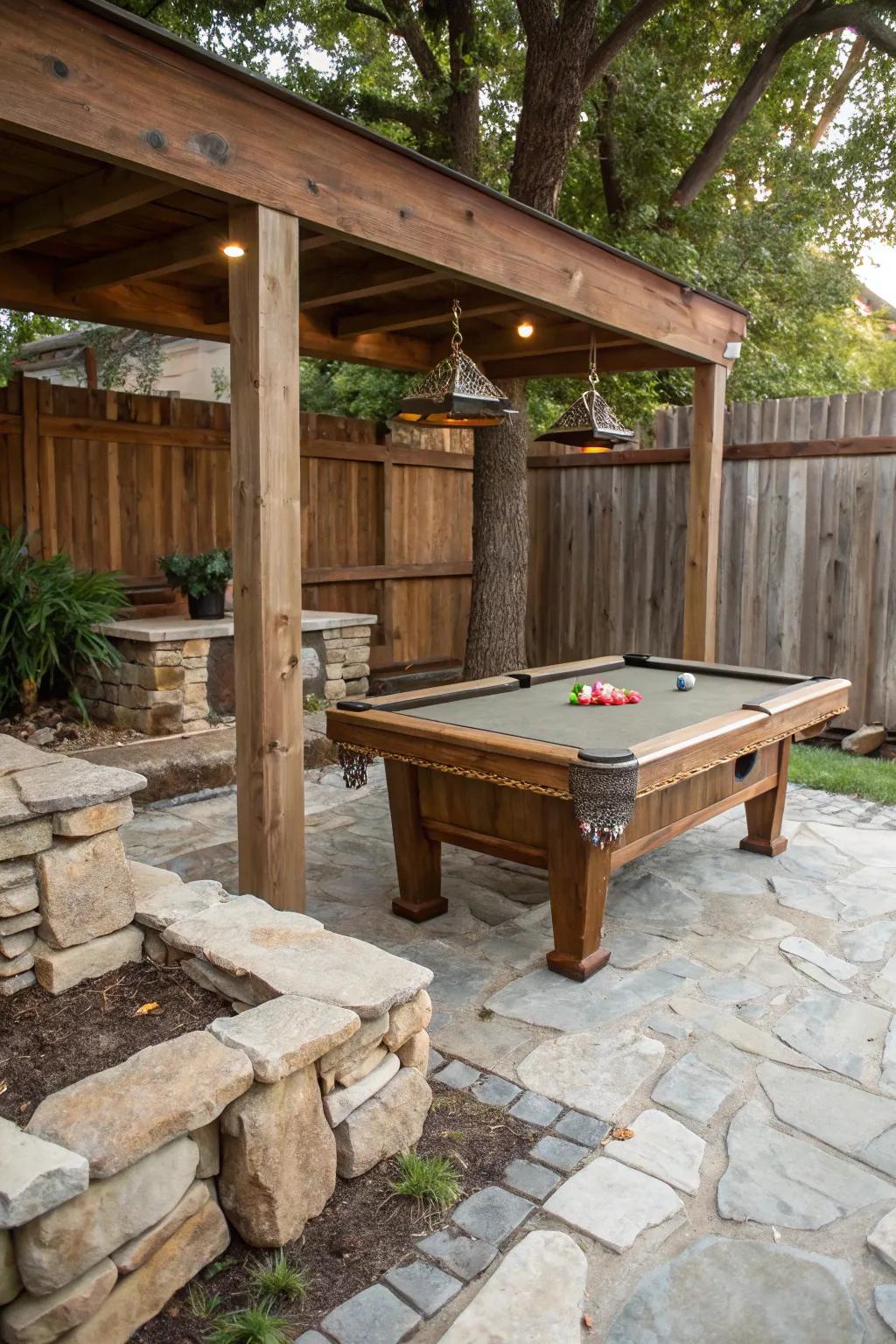 A country outdoor pool table design with wood and stone.