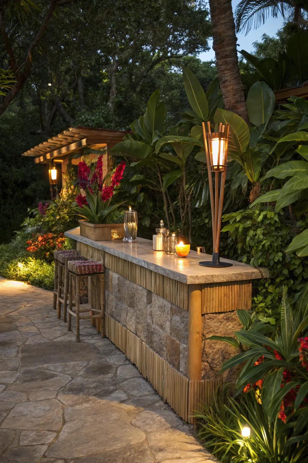 A tropical tiki-style stone bar for festive gatherings.