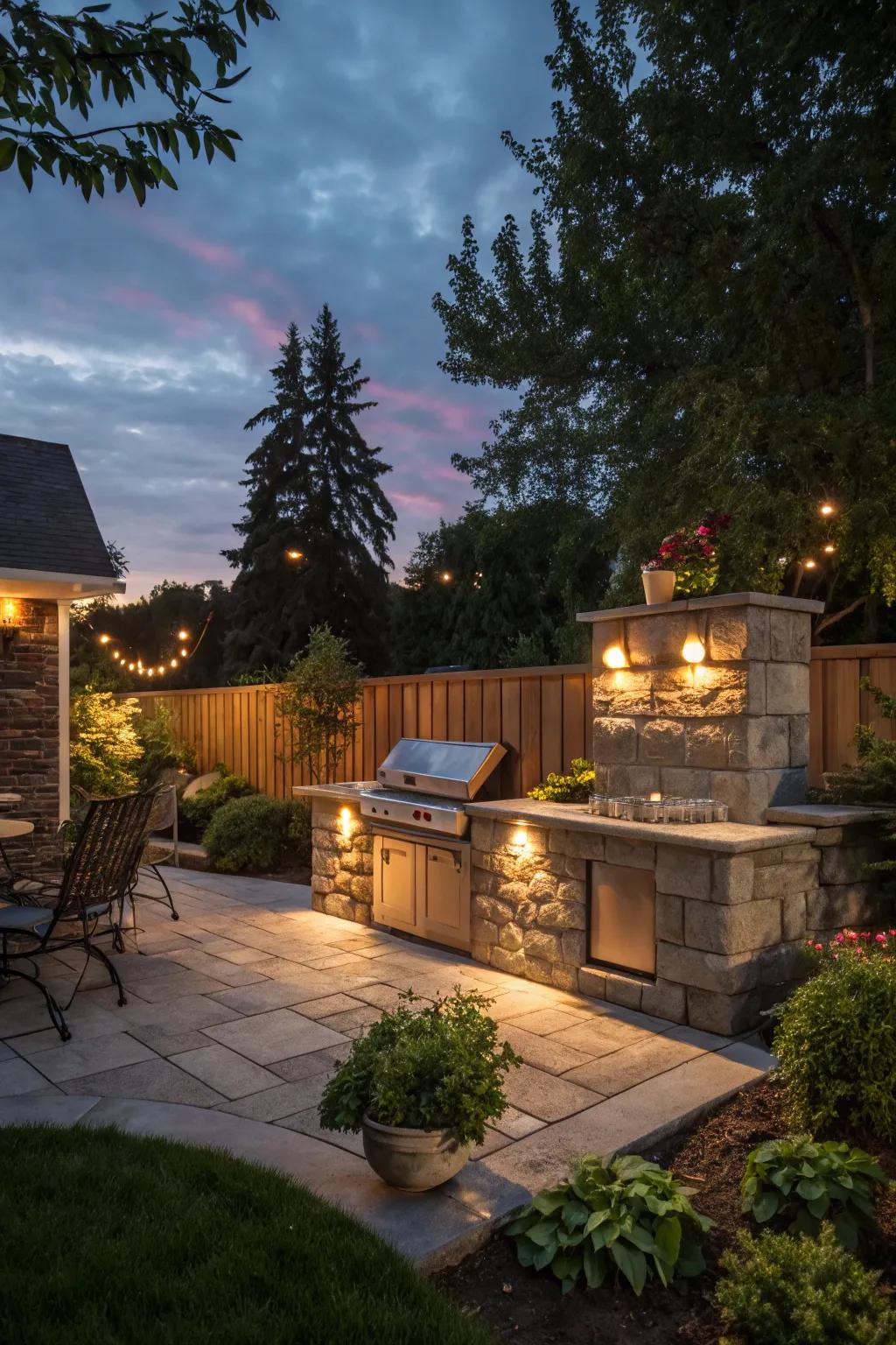 Illuminate your BBQ spot with ambient lighting to create a magical evening.