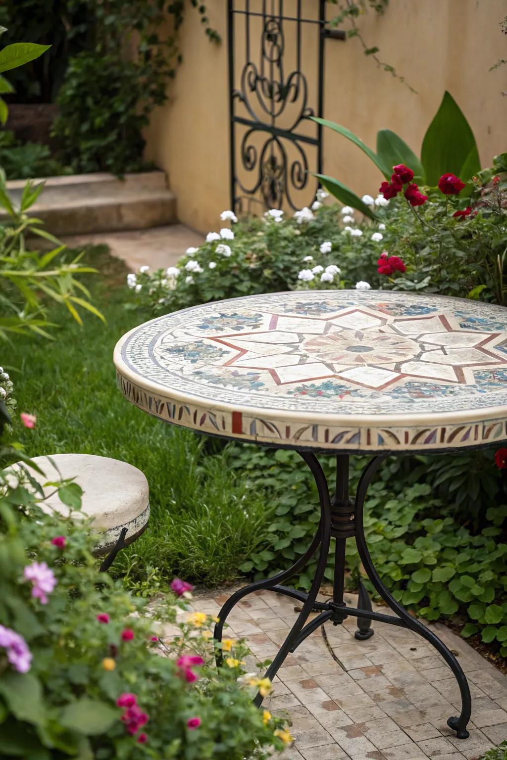 Decorative tile table tops transform tables into artistic garden features.