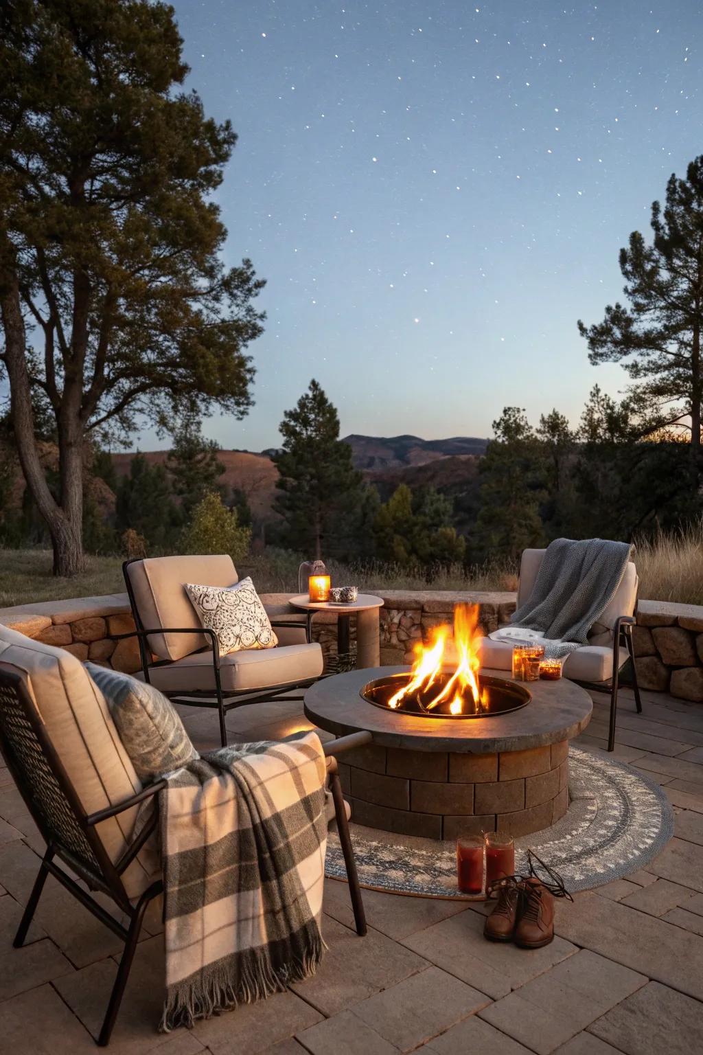 A fire pit adds warmth and a natural gathering point for attendees.