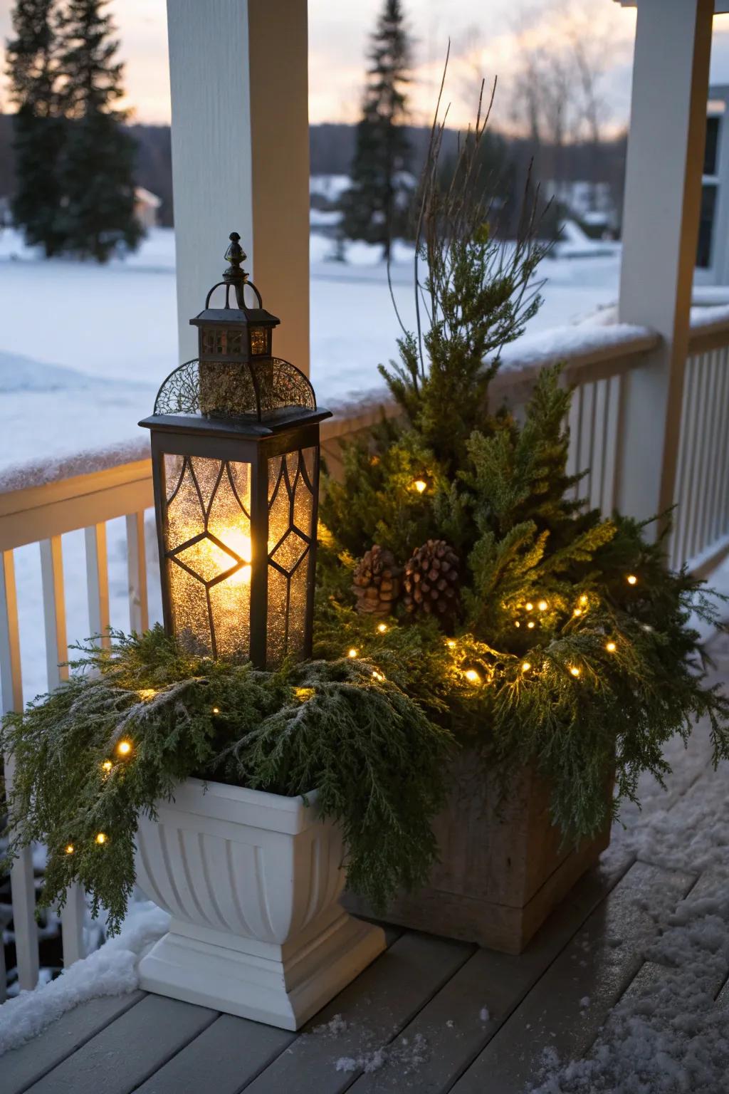 Lamps provide winter arrangements with warmth and ambiance.