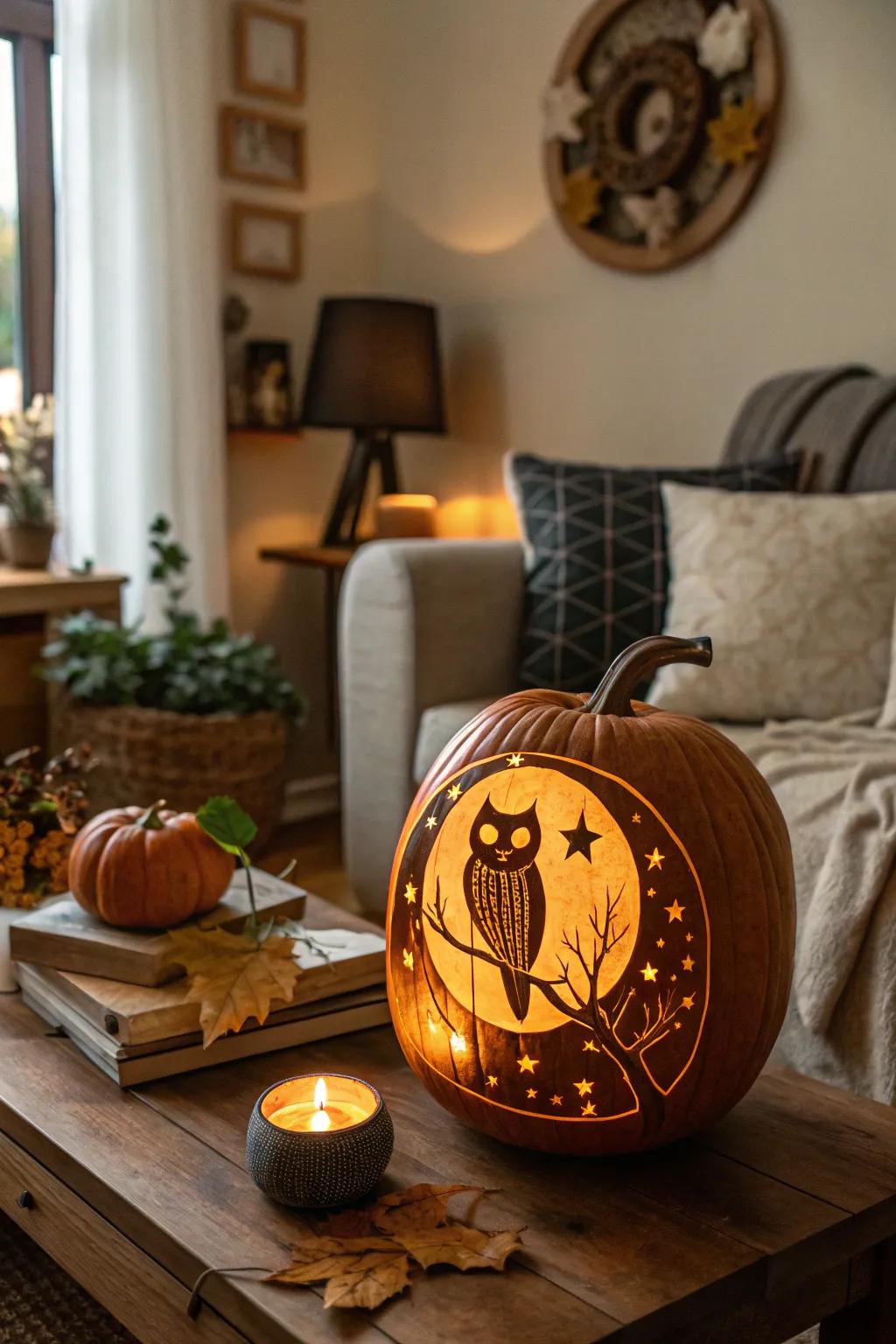 A vintage owl and moon design for a timeless Halloween touch.