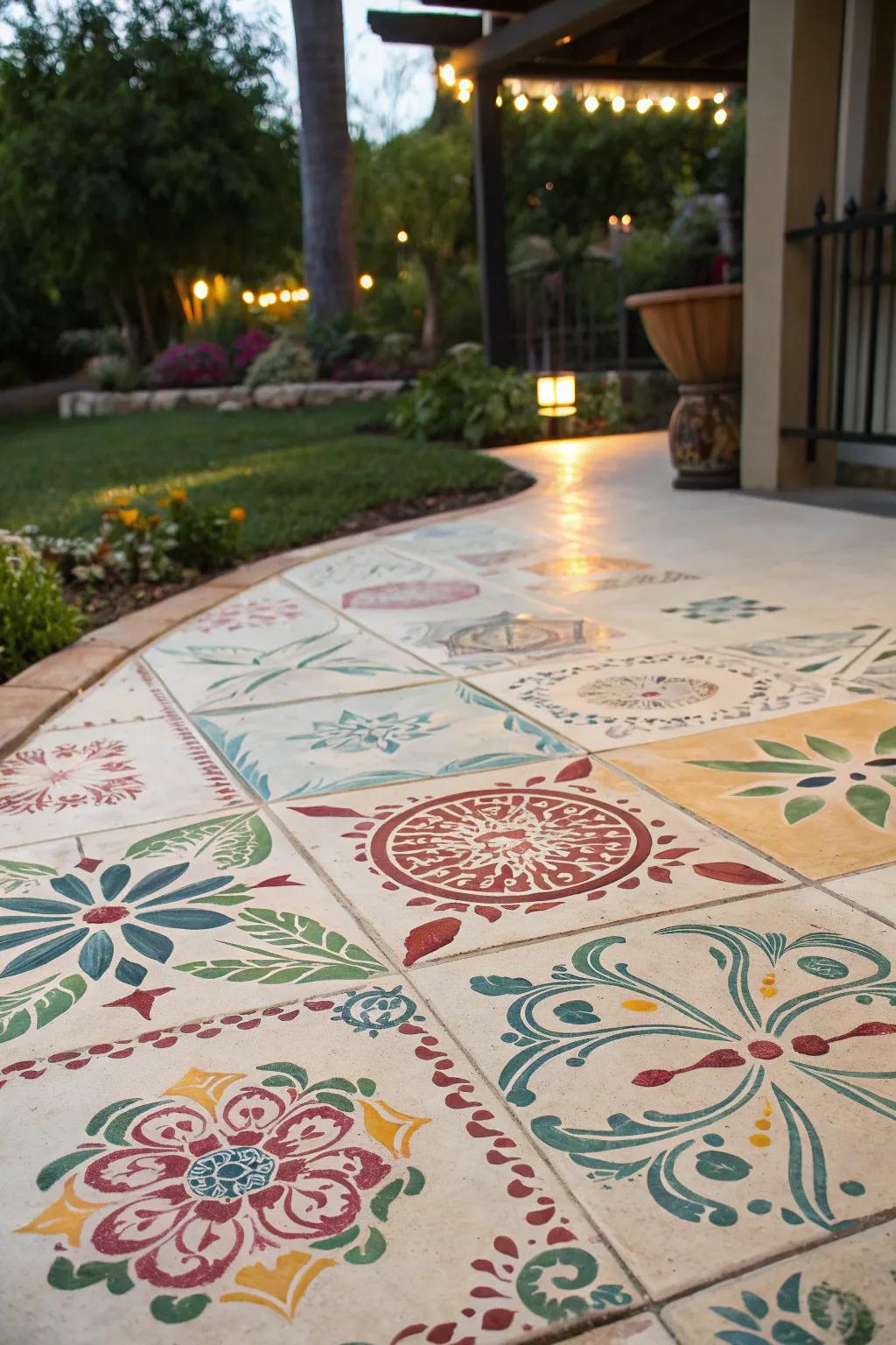 A patio adorned with patterned designs that mirror the splendor of hand-tinted tiles.