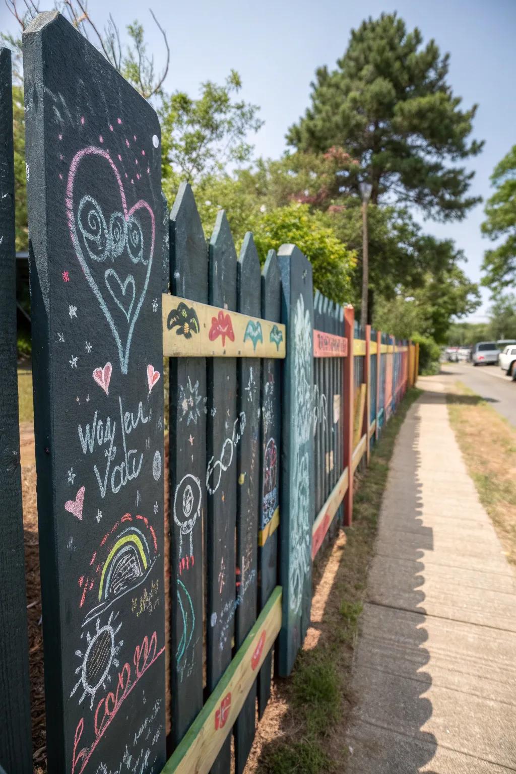 Chalkboard <strong>fences</strong> foster creativity and interaction.” loading=”lazy” class=”pimg”>
	</picture><figcaption>Chalkboard <strong>fences</strong> foster creativity and interaction.</figcaption></figure>
<p>Think about adding a <strong>chalkboard area</strong> on your <strong>fence</strong> where both kids and adults can be creative. It’s a fun feature that I’ve seen bring happiness to many families.</p>
<h3>Give these a look:</h3>
<ul class=